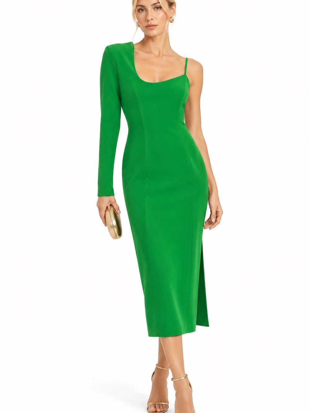Posh Couture Bright Green One-Sleeve Asymmetrical Midi Dress